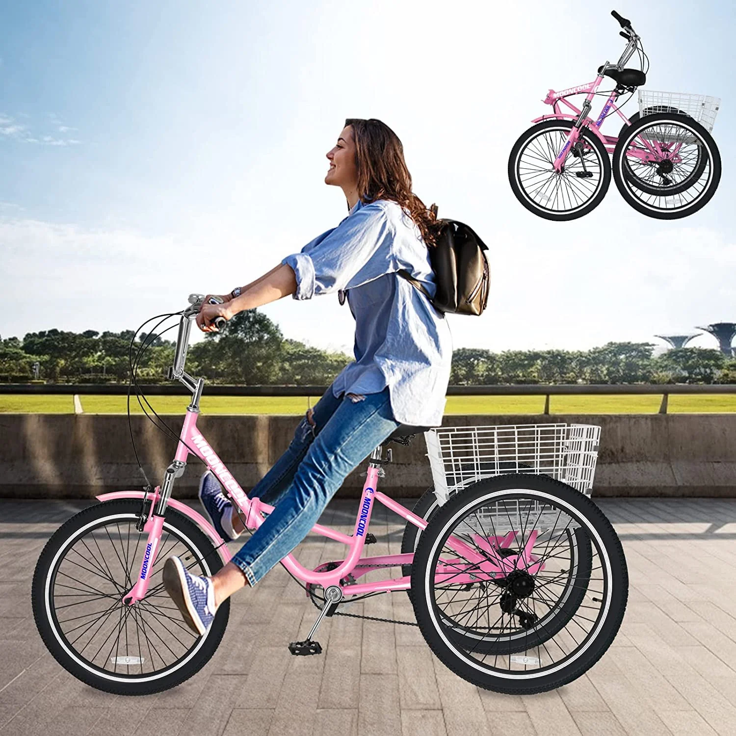 MOONCOOL Adult Folding Tricycle for Adults, 7 Speed 20/24/26 inch 3 Wheels Bikes with Basket, Foldable Tricycle for Adults, Women, Men, Seniors