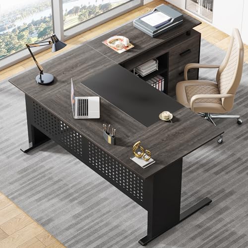 Tribesigns 63 Inch Executive Desk with File Cabinet, Large Office Desk L Shaped Computer Desk with Drawers and Storage Shelves