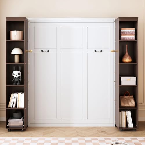Queen Size Murphy Bed with Sofa, Shelves, USB & Light, Can be Folded Wall Bed and Tall Cabinet with Glass Doors& Wine Rack