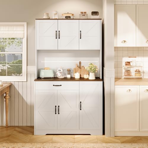 72" Tall Storage Cabinet, Kitchen Pantry Cabinet with Adjustable Shelves & Sturdy Steel Frame, Farmhouse Pantry Storage with 4 Barn Doors for Kitchen