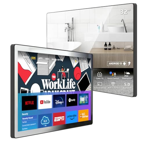 32 inch IP66 Waterproof Android 13 Smart Mirror TV for Bathroom and Bedroom - 4K UHD, Digital Mirror Built-in Voice Assistant, ATSC Tuner, Bluetooth