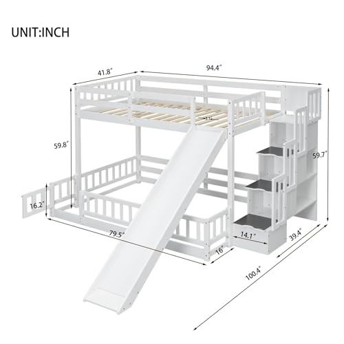 Bunk Beds Twin Over Full Size, Pine Solid Wooden Bunk Bed with Slide, Storage Staircase, Safety Guardrails for Kids, White