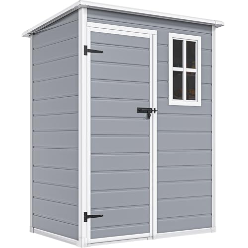 DWVO 5x3ft Resin Outdoor Storage Shed with Floor, Waterproof Lockable Storage Shed with Window, Plastic Outside Tool Storage for Garden, Backyard