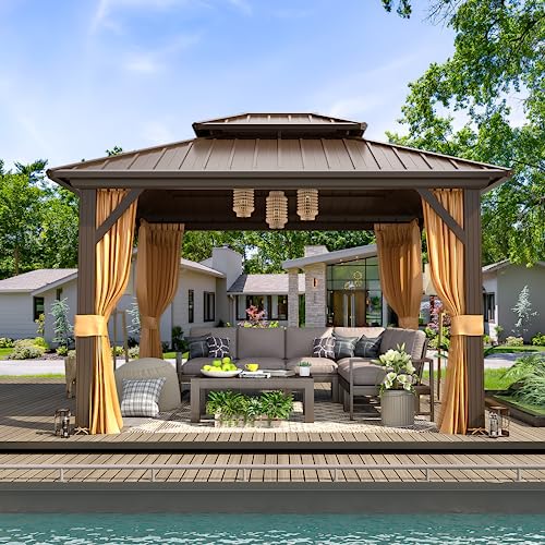 MELLCOM 10'x13' Hardtop Gazebo with Polycarbonate Double Roof, Aluminum Frame Outdoor Gazebo Permanent Pavilion with Curtains and Netting for Patio