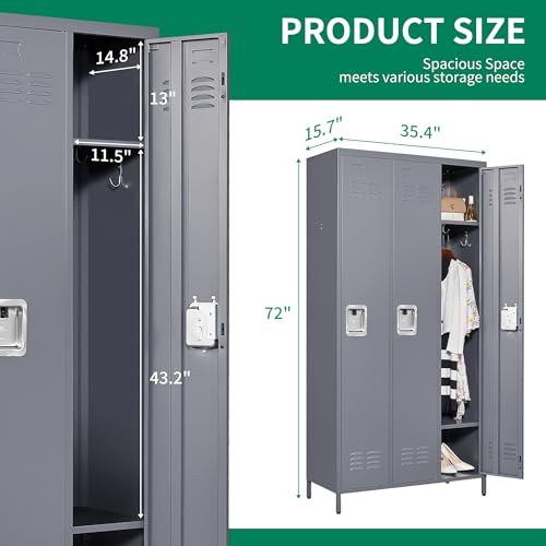 Metal Locker 3 Doors Storage Lockers for Employee,72" Tall Locker with Shelves and Hooks Steel Sports Locker for Office School Office Gym Home Garage