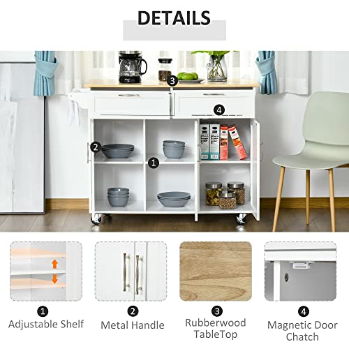 HOMCOM Mobile Kitchen Island with Storage, Kitchen Cart with Wood Top, Storage Drawers, 3-Door Cabinets, Adjustable Shelves and Towel Rack, White