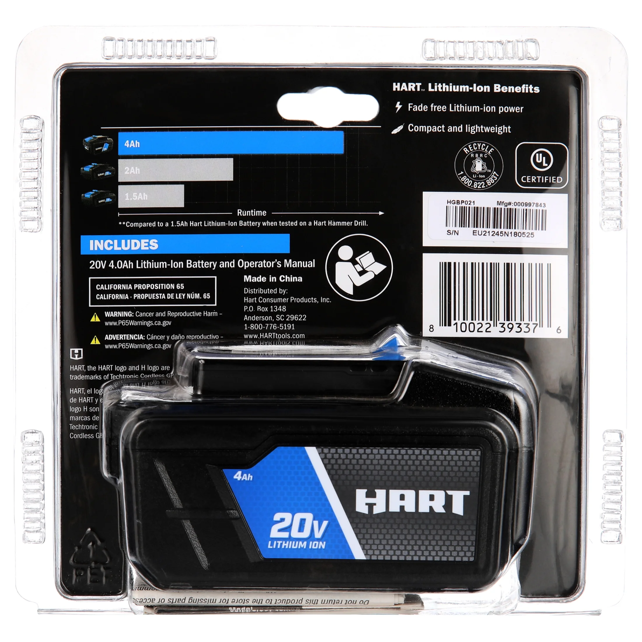 HART 20V Lithium-Ion 4.0Ah Battery (Charger Not Included)