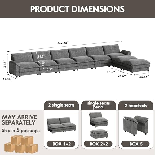 Homall 119" Modular Sectional Sofa, L Shaped Sofa Couch with Reversible Ottoman, DIY Combination Chenille Deep 3-Seat Cloud Couch for Living Room