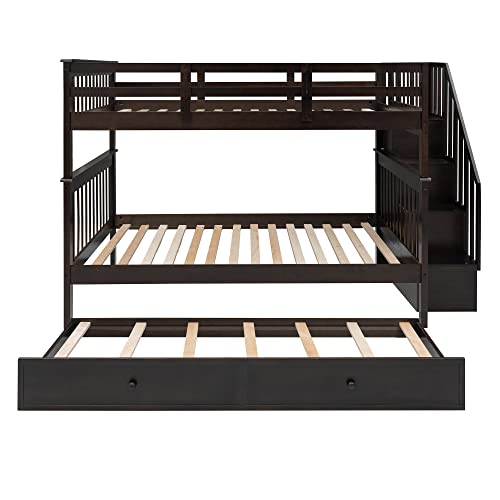 Harper & Bright Designs Twin Over Twin Bunk Bed with Stairs and Trundle, Solid Wood Stairway Bunk Bed Frame with Storage