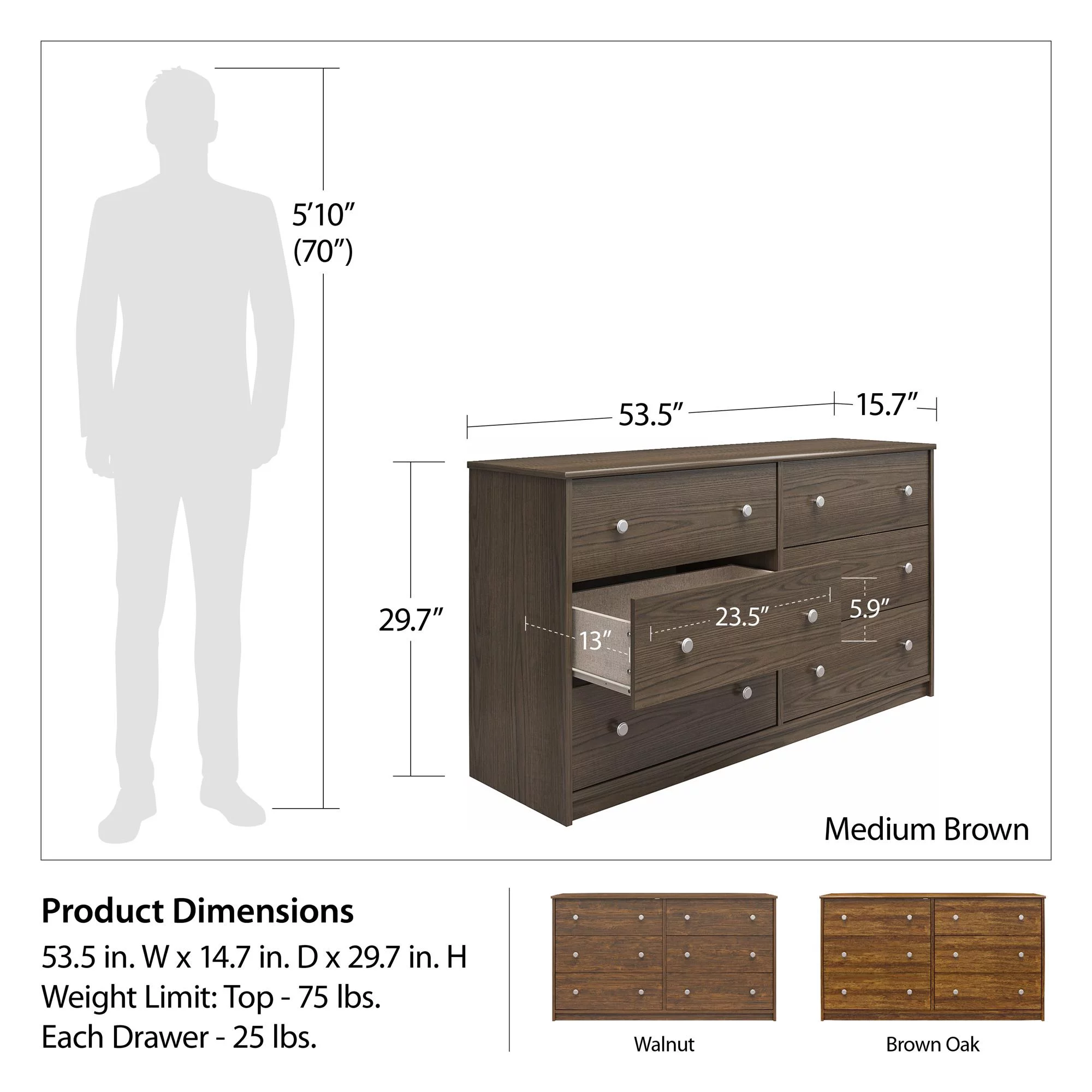 RealRooms Ellison 6 Drawer Wide Dresser, Brown Oak