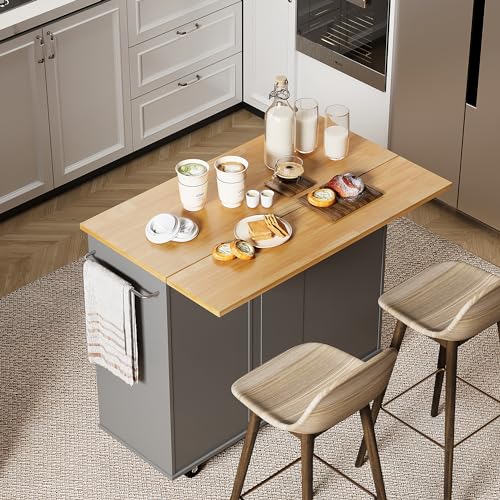 Shintenchi Rolling Kitchen Island Cart with Folding Drop Leaf Breakfast Bar, Portable Trolley Island with Large Storage Cabinet, Shelf and Drawer
