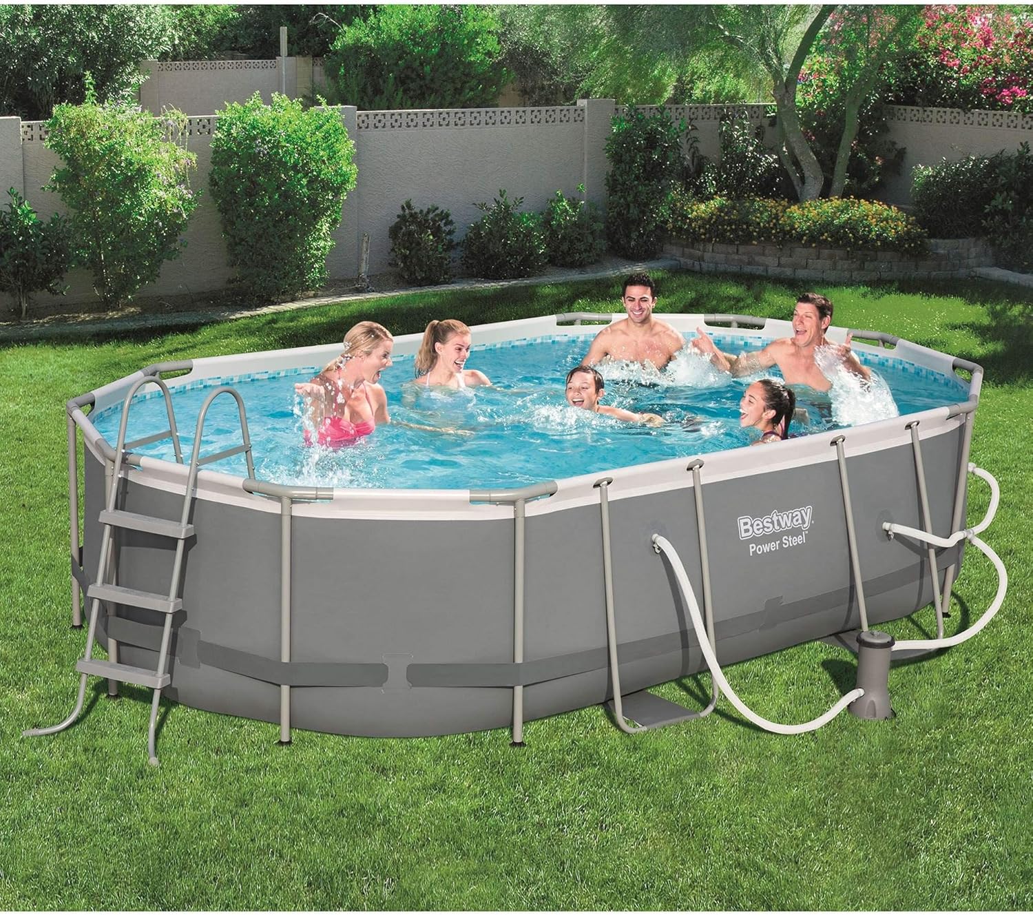 Bestway 56711E Power Steel 18' x 9' x 48 Outdoor Oval Frame Above Ground Swimming Pool Set with 1500 GPH Cartridge Filter Pump, Cover, & Ladder, Gray