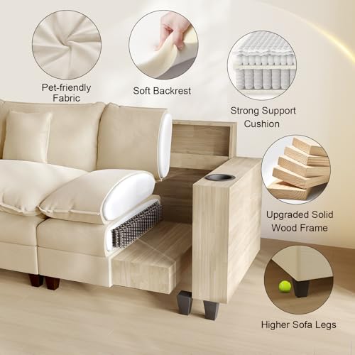 Modular Sectional Sofa, Cloud Couch with Ottoman, Charging Station, Throw Pillows, Cup Holders, Modern Convertible U Shaped Couches for Living Room