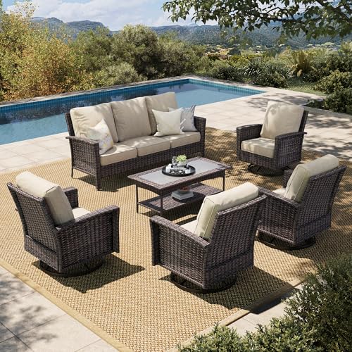 HERA'S HOUSE High Back Patio Furniture Set with Swivel Chairs, Outdoor Wicker Conversation Sets with 5.5" Comfy Cushions, 4 Piece Outside Sofa Sets