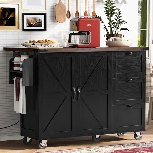Amposei Farmhouse Rolling Kitchen Cart Island with Power Outlet & Drop Leaf, Wooden Mobile Storage Island on Wheels with Drawers, Spice Rack
