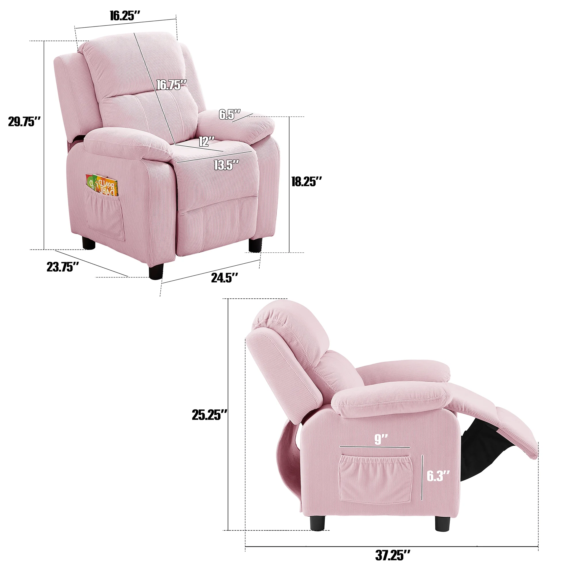 Ulax Furniture Kids Recliner Chair Adjustable Kids Lounge Recliner Couch with Footrest, Storage Arms, Side Pockets for Girls Boys, Pink