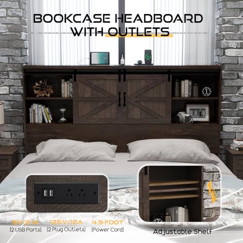 HOWE King Size Bed Frame, Wood Platform Bed Frame with 51.2" Bookcase Headboard, Storage Bed with Sliding Barn Door Charging Station 2 Drawers