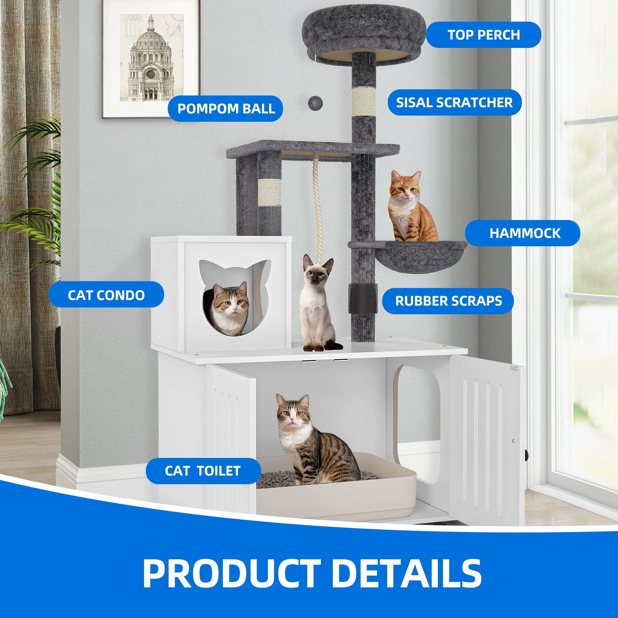 Dextrus 2-in-1 Cat Tree with Litter Box Enclosure,53.5" Large Modern Cat Condo with Scratching Posts, Perch, Food Station, Hammocks