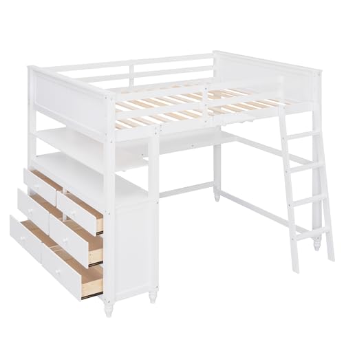 Harper & Bright Designs Full Loft Bed with Desk and Wardrobe,Solid Wood Loft Bed Frame Full with Storage Drawers for Kids Teens Adults