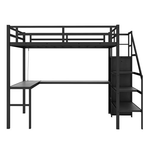 Bellemave Full Size Metal Loft Bed with L Shaped Desk and Wardrobe, Heavy Duty Loft Bed Frame with Storage Stairs