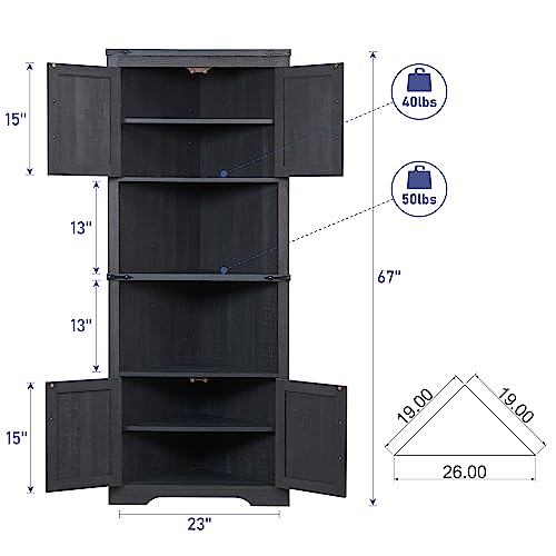 JXQTLINGMU Farmhouse Corner Cabinet, Tall Corner Bathroom Storage Cabinet with Barn Door Design & Adjustable Shelves, for Laundry Room, Living Room