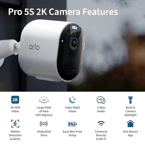 Arlo Pro 5S Spotlight Security Camera 2K HDR | Outdoor | Wireless | Dual-Band Wi-Fi Connects to Strongest Network |12X Zoom, 2-Way Audio, Siren