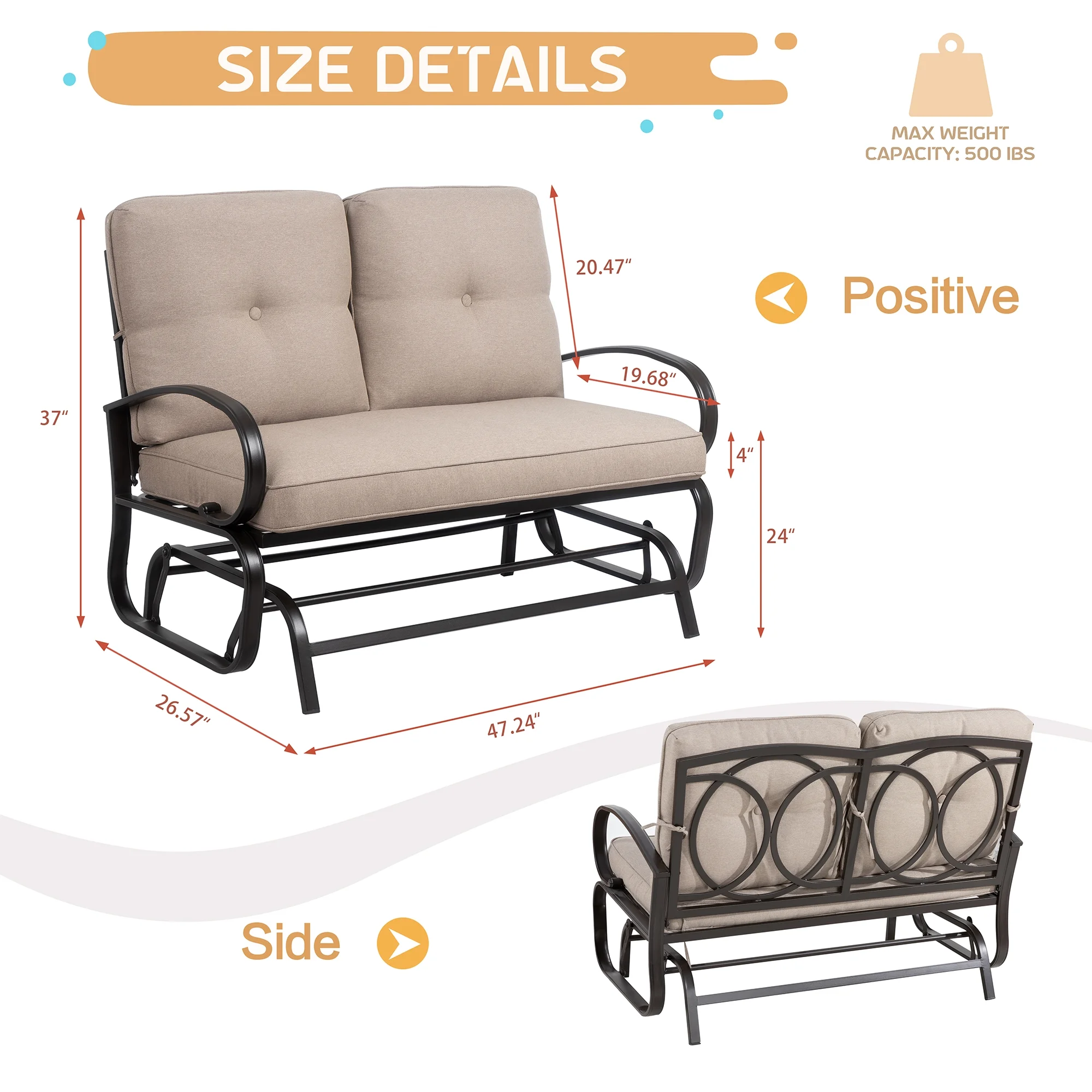 Outdoor Patio Metal Swing Glider Rocking Bench,Garden Loveseat Porch Furniture Glider, Steel Frame Chair Set with Cushion khaki - Radiant Selections