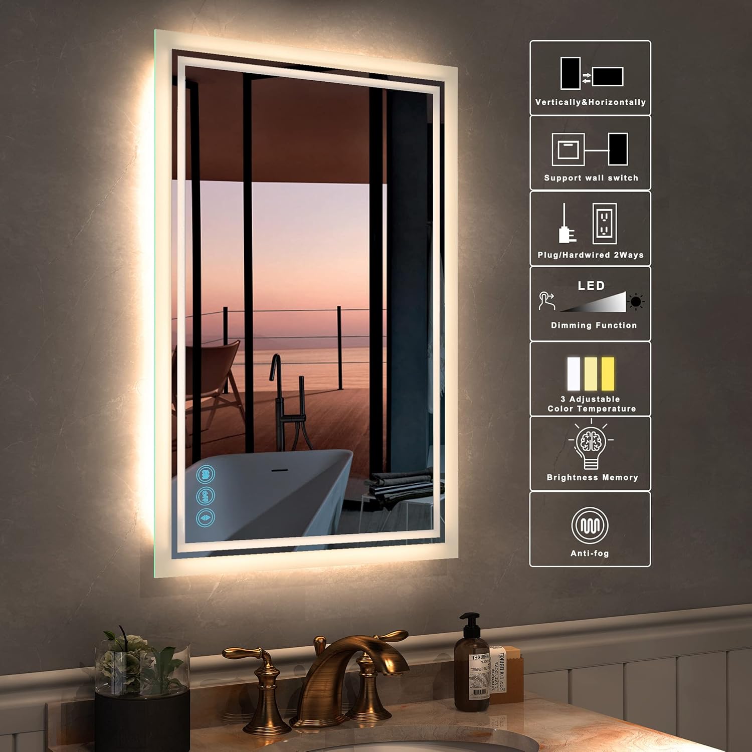 LED Bathroom Mirror for Wall - JORYOO 36x24 Inch Anti-Fog Bathroom Mirror with Lights - Lighted Bathroom Mirror