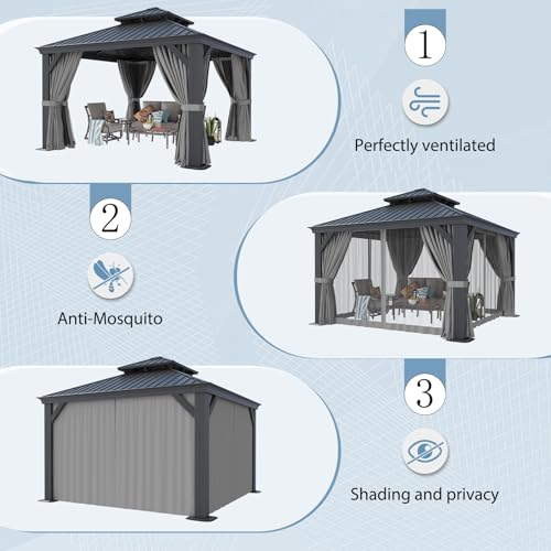 Aoxun 10' X 12' Hardtop Gazebo, Aluminum Outdoor Gazebo with Galvanized Steel Double Top Canopy
