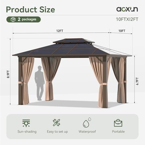 Aoxun 12'x10' Hardtop Gazebo, Aluminum Frame Permanent Pavilion with Curtains and Netting, Outdoor Polycarbonate Double Roof Canopy