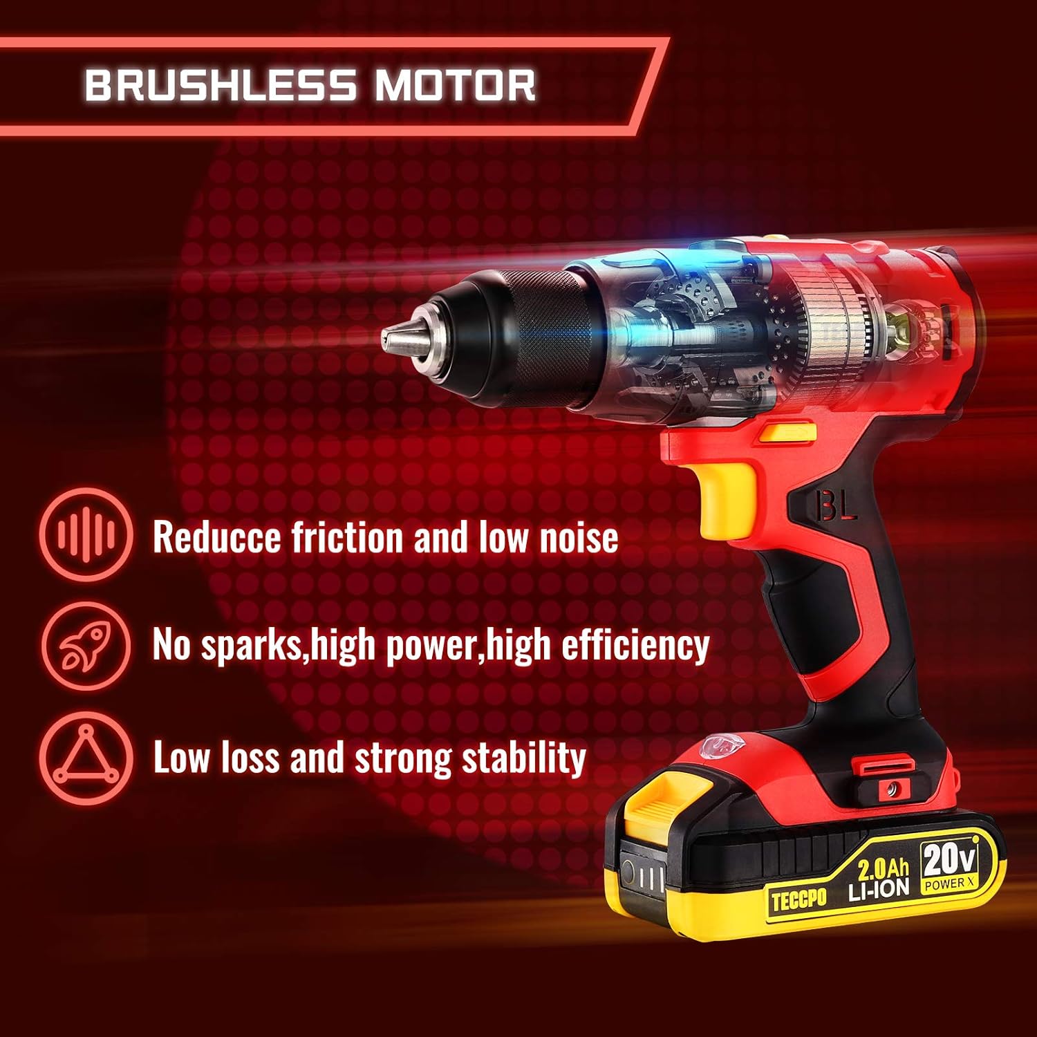 TECCPO Cordless Drill, 20V Drill Set Power Drill, Brushless Drill Driver with 2 Batteries, 530 In-lbs, 1/2All-Metal Chuck, 21+1 Torque Settings