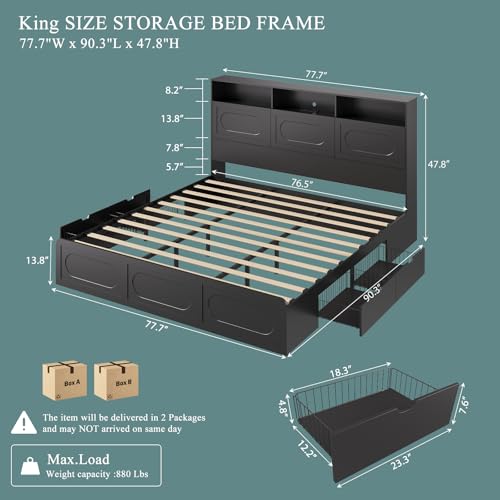 Queen Bed Frame with 47" Storage Headboard, Queen Size Wood Bed Frame with 4 Storage Drawers, Built-in Charging Station & LED, Solid Wood Slats