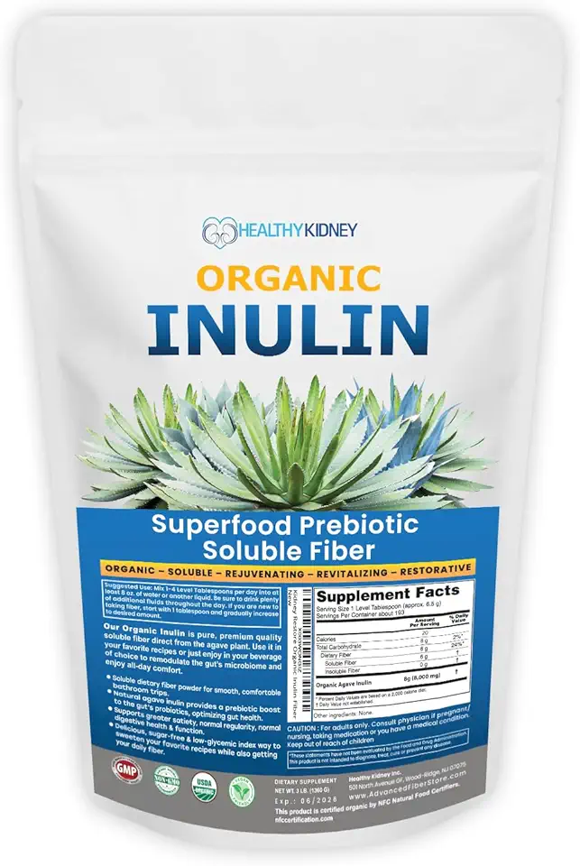 Organic Inulin Powder (48oz/3 lbs) Gentle Agave Prebiotic Soluble Fiber Supplement for Digestive Support, Gut Health, Vegan Baking
