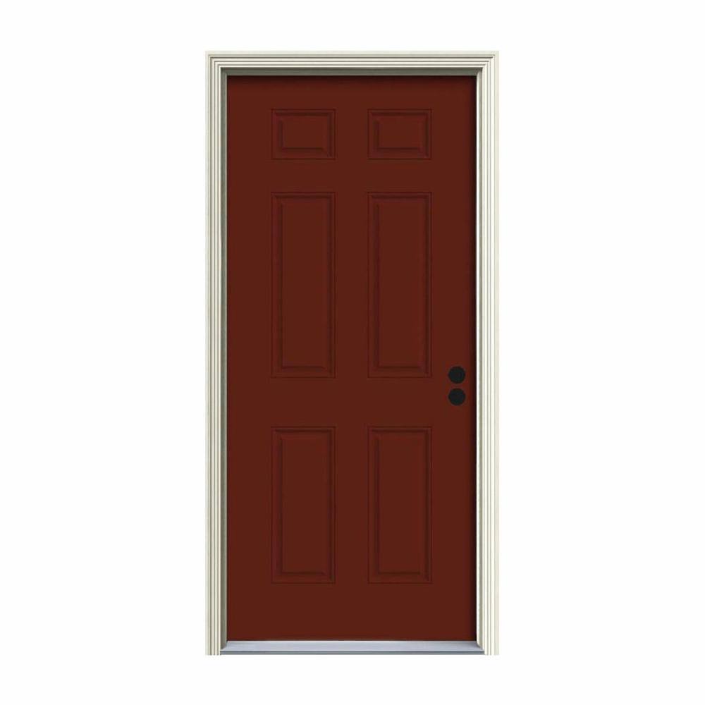 JELD-WEN 34 in. x 80 in. 6-Panel Mesa Red Painted Steel Prehung Left-Hand Inswing Front Door w/Brickmould