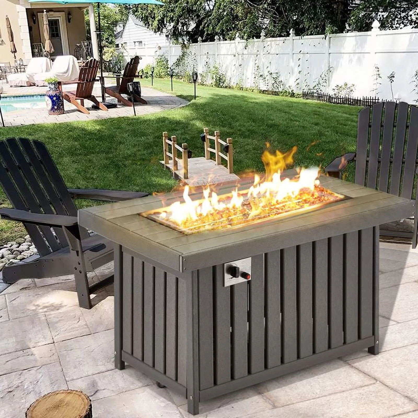 Mellcom 43in Propane Fire Pit Table, 50000 BTU HDPE Rectangle Gas Fire Pit for Outside, Paito, Backyard, Gray