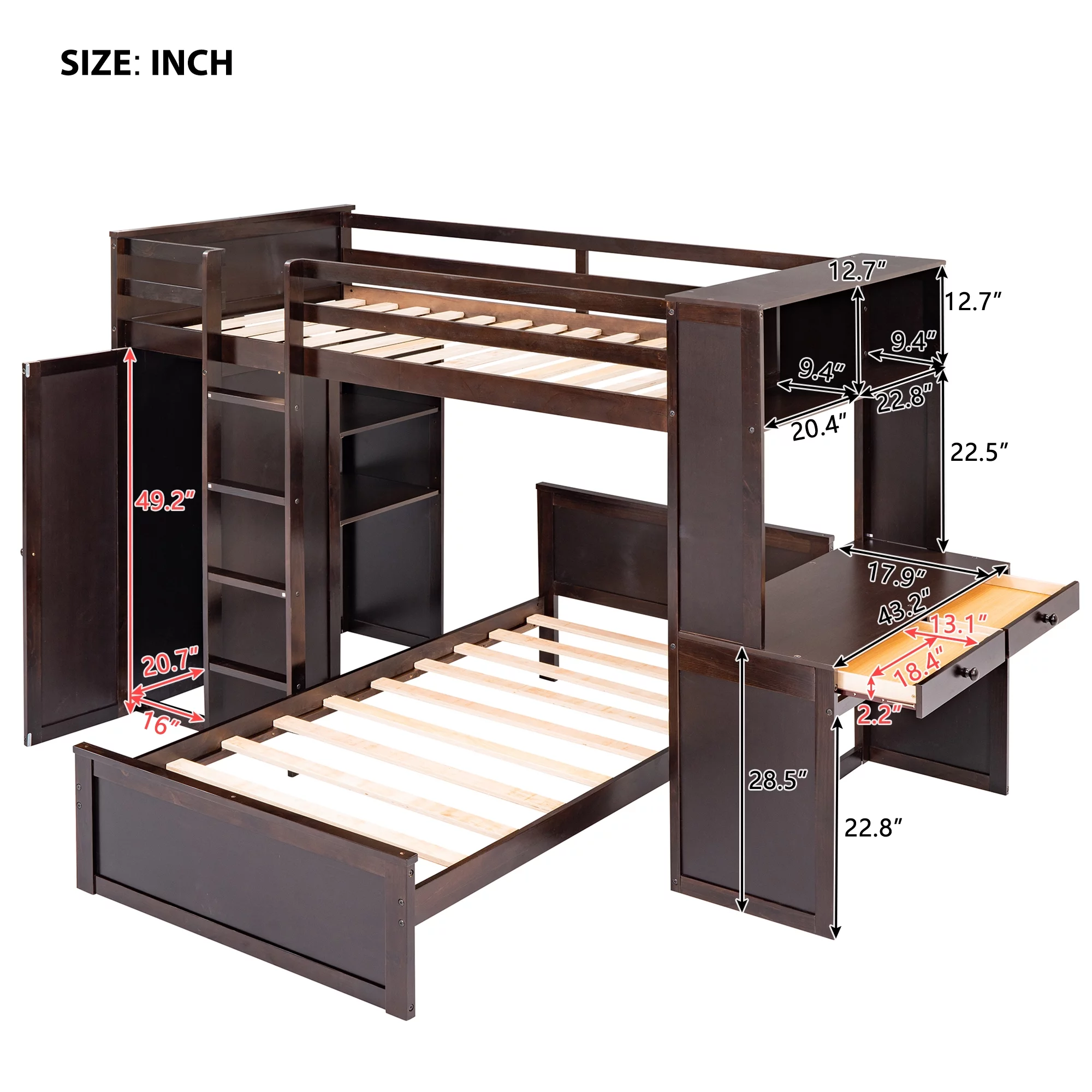 Twin Size Solid Wood Loft Bed with a Stand-alone bed, Shelves, Desk, and Wardrobe, Multifunctional Loft Bed with Ladder, Shelves, Wooden Loft Bed