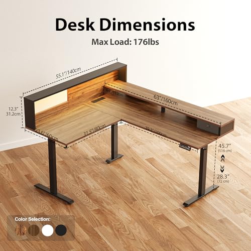 Agilestic L Shaped Electric Standing Desk with 2 Drawers, 63 Inch Ergonomic Adjustable Height Desk with Storage