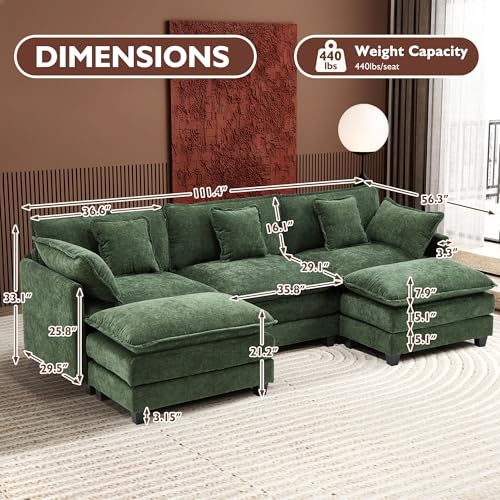 Ihanherry 111.4" U Shaped Modern Cloud Sofa Modular Sectional Couch with 2 Ottoman, 5-Seat Chenille Deep Seat Sofa with Pillow for Living Room
