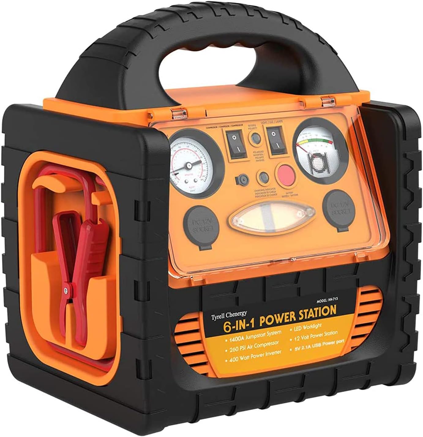 Portable Car Jump Starter 1400 Amp High Performance Power Station with Double AC 110 Volt Inverter Outlets 400W, 260 PSI Air Compressor