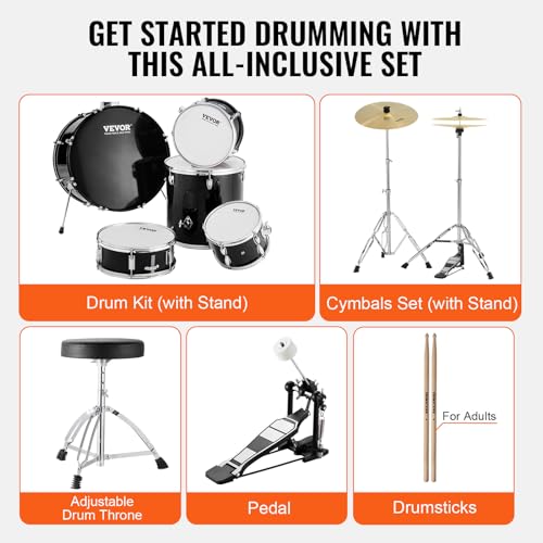 VEVOR Adult 5-Piece Drum Set, 22 Inches Complete Full Size Kit with Bass, Toms, Snare, Floor, Adjustable Throne, Stands, Cymbal