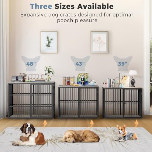 43'' Dog Crate Furniture with 3 Doors, XL Wooden Crate End Table Heavy Duty Indoor Puppy Cage for Medium to Large Dogs, Multiple Units Can be Combined
