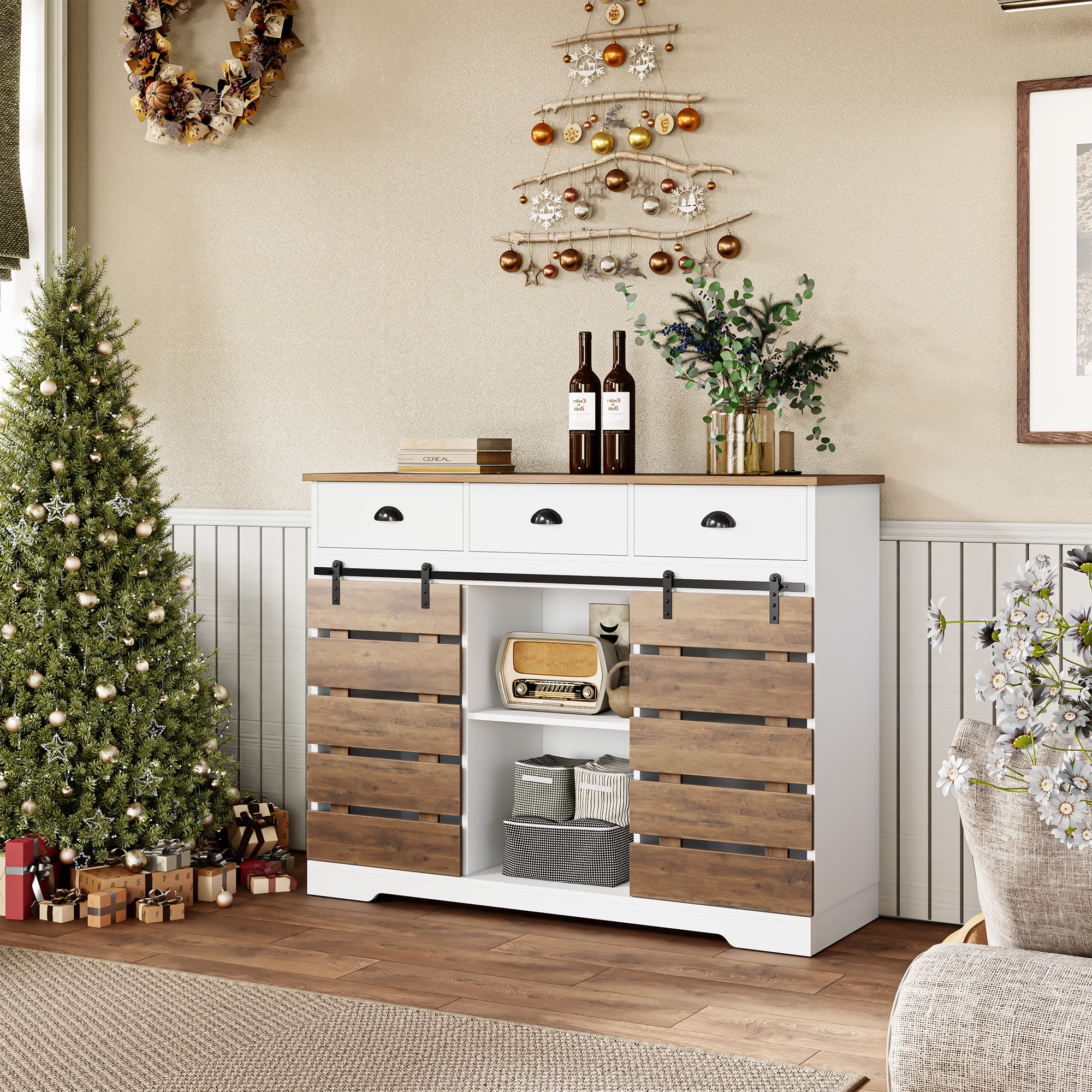 Homfa 47.2‘’ Kitchen Buffet Cabinet, 3 Drawers Farmhouse Coffee Bar Sideboard with 2 Sliding Barn Doors, White