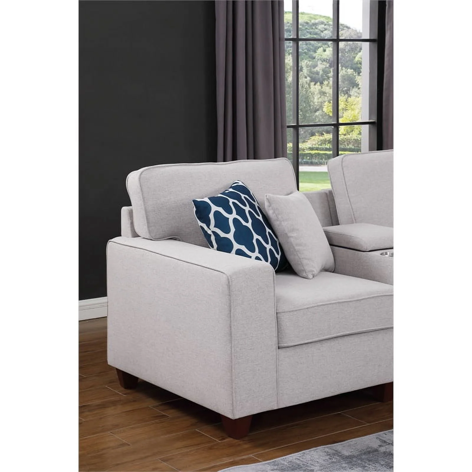 Pemberly Row 8-Piece Fabric Upholstered Sectional w/ Console & Chaise-Light Gray