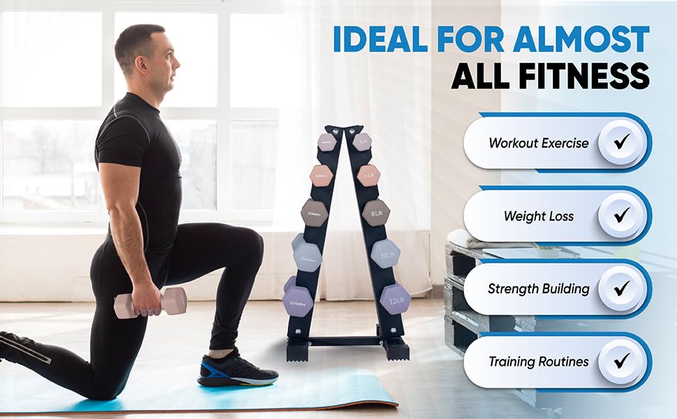 Dumbbell Set with Rack - Neoprene Coated Weights with Stand - Hex Color Coded Dumbell Pairs 1-20 LBs