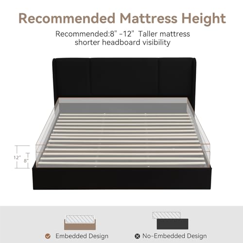 VELOCAVA Queen Size Lift Up Storage Bed with Modern Wingback Headboard, Upholstered Platform Bed with Fabric with Hydraulic Support Bars