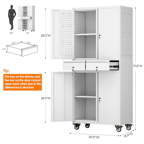 Aobabo 71" H×32" W×16" D Metal Storage Cabinet with Wheels, Garage Steel Storage Cabinet with 5 Adjustable Shelves and 4 Hooks for Home Office