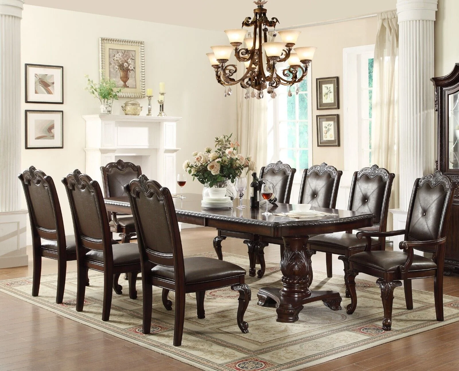 Traditional Vintage Style 4pc Dining Chairs Brown Fabric Upholstered Solid Wood Veneer Arm Chairs Wooden Furniture