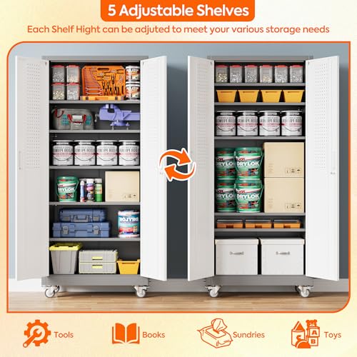 Aobabo 71" H×32" W×16" D Metal Storage Cabinet with Wheels, Garage Steel Storage Cabinet with 5 Adjustable Shelves and 4 Hooks for Home Office