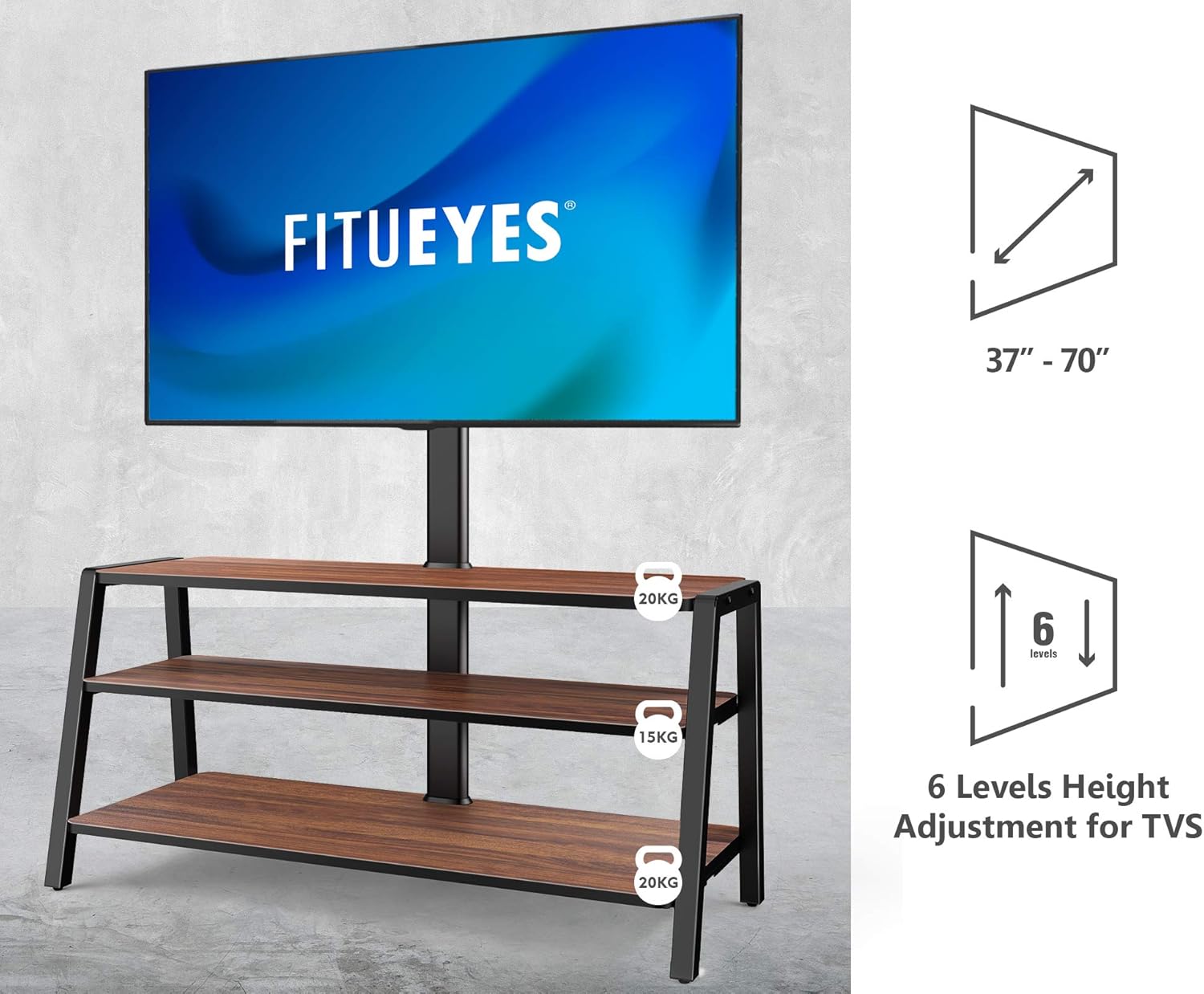 FITUEYES 3-Tier Floor TV Stand for 37-70 Inch TVs Entertainment Center Stand with Storage-Height Adjustable TV Console Stands with Golden Walnut