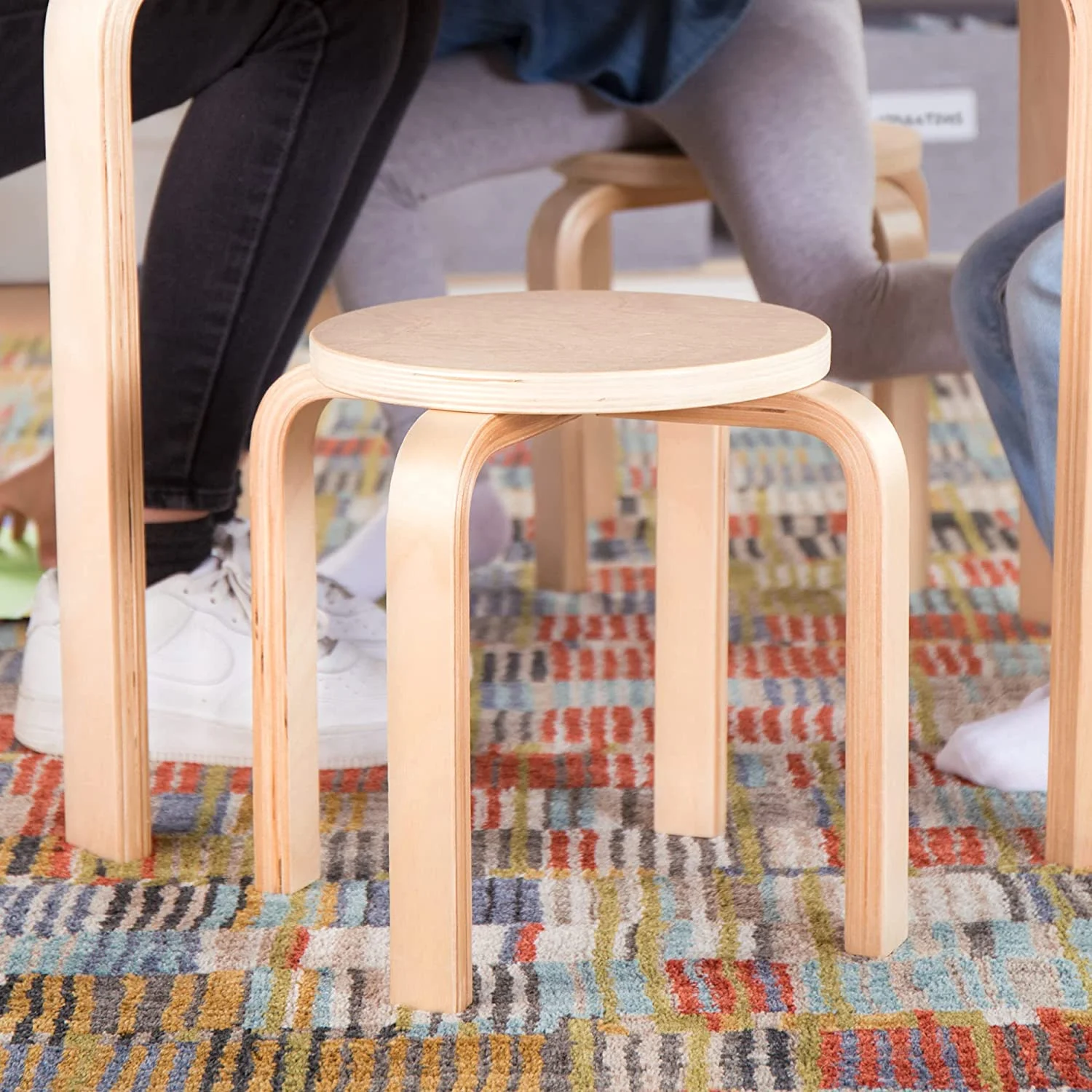 Nordic Table and Chairs Set for Kids: White - Stacking Bentwood Stools with Curved Wood Toddler Activity Table - Children's Modern Bedroom, Playroom